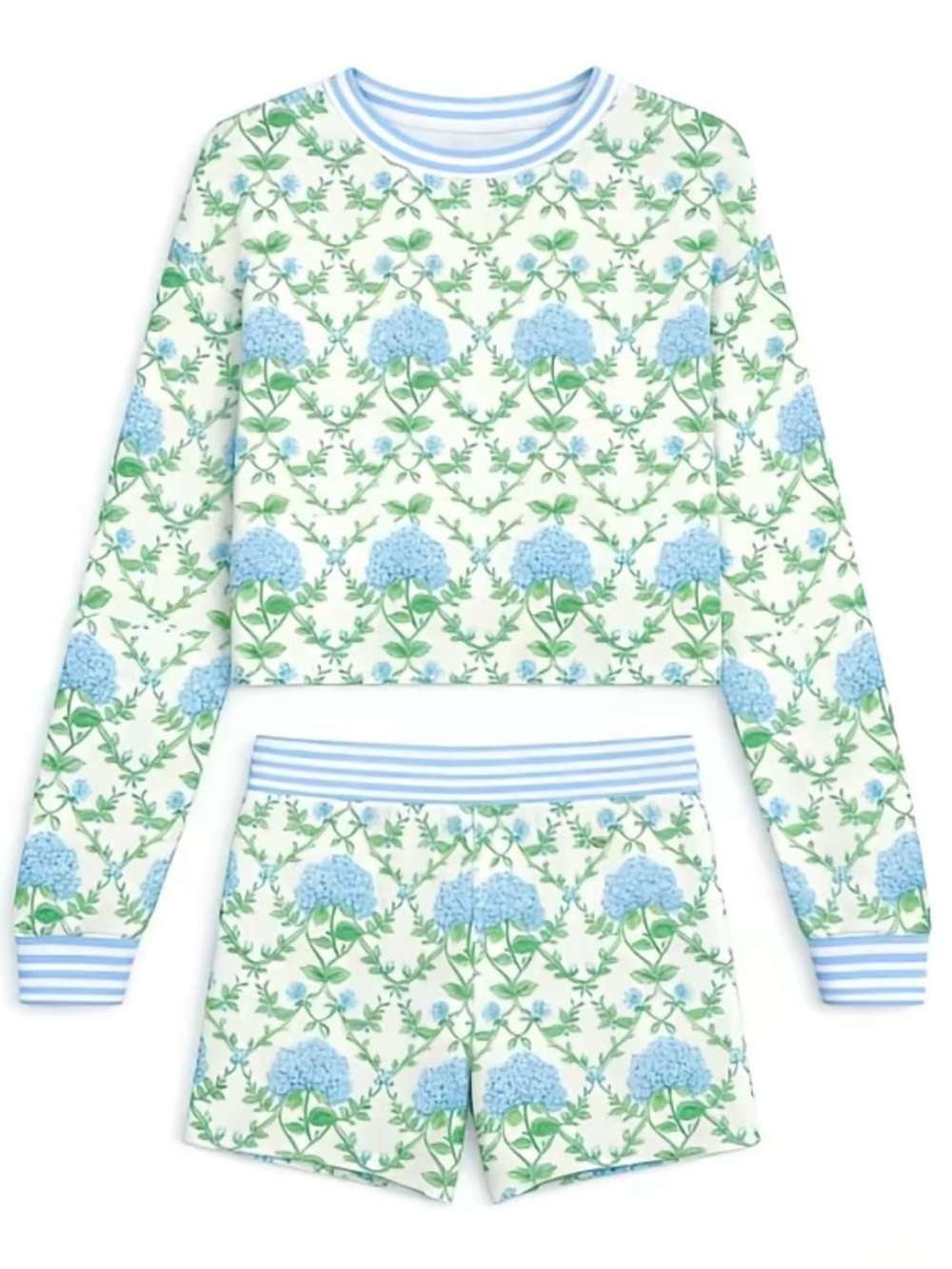 Blue And Green Hydrangea Long Sleeve Pajama Set Smal Shirt Shorts